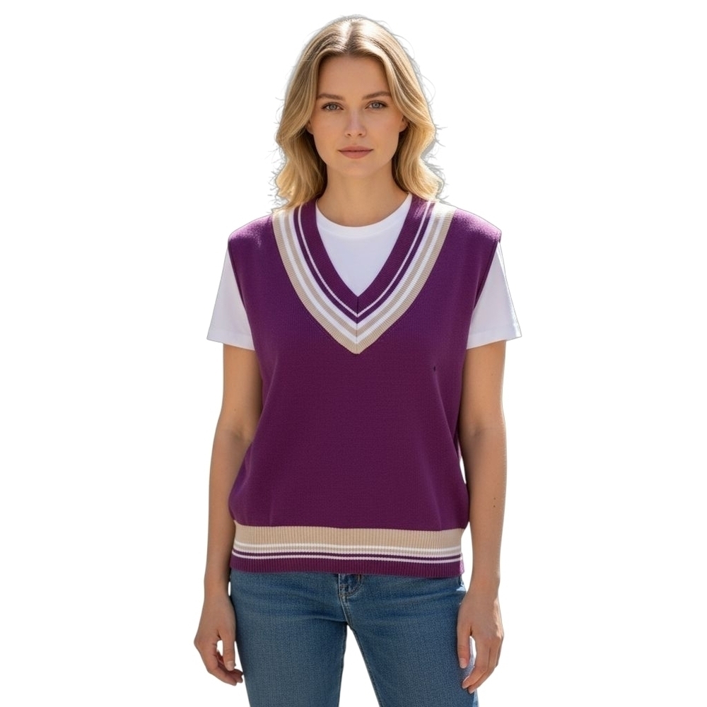 Womens Y2K Izod New Golf Sweater Vest XL Purple Cream V Neck Preppy Varsity